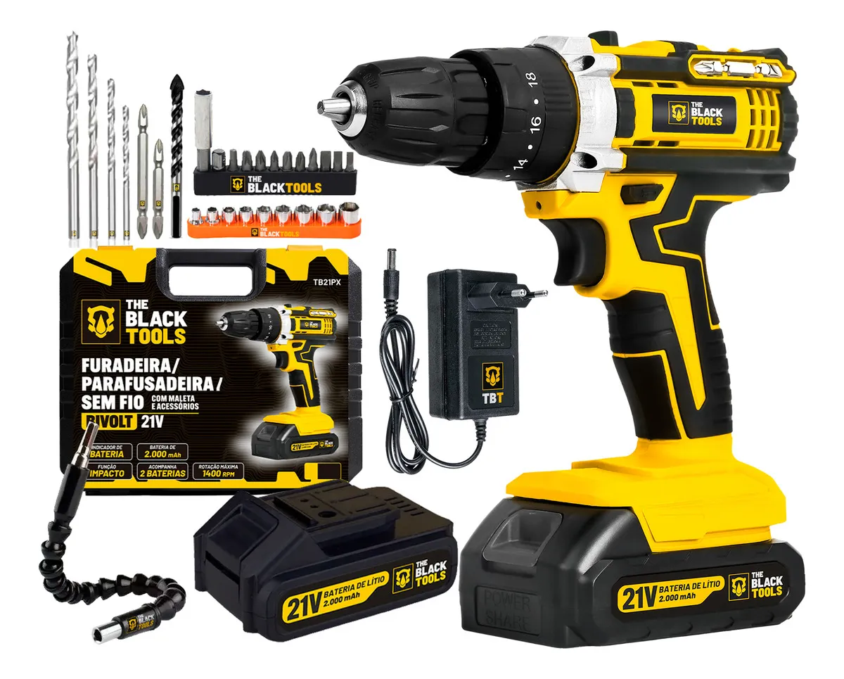 Parafusadeira Furadeira De Impacto Profissional 21v Modelo Tb-21px 2 Baterias Com Maleta The Black Tools 110/220v 60hz Amarelo