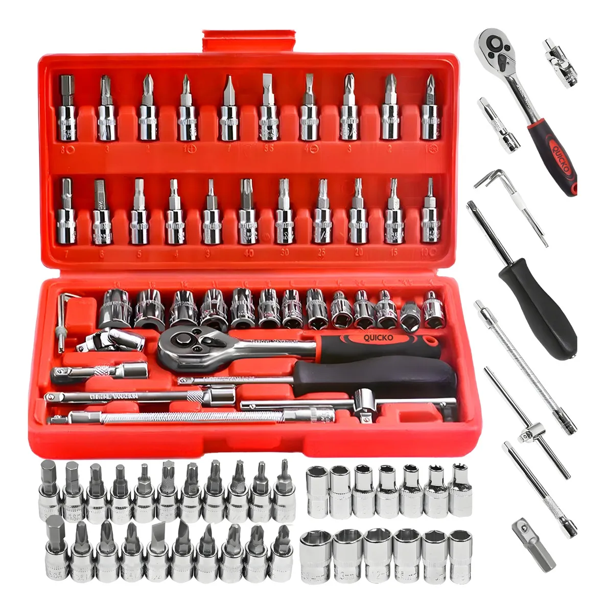 Jogo Combo Kit De Chave De Fenda Philips Soquete Completo Marca Quicko Kit 46 Peças De Aço Crv 1/4 Maleta Cor Vermelho