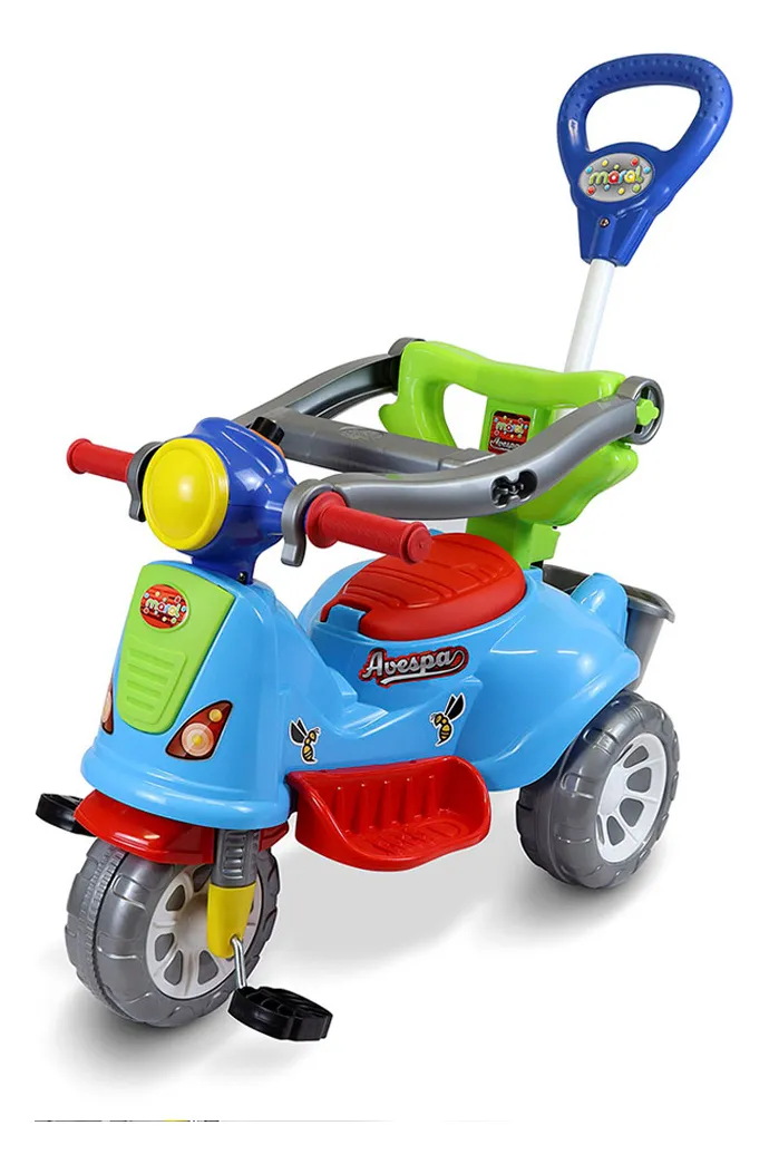 Triciclo Passeio Infantil Com Empurrador Avespa Azul Maral Colorido