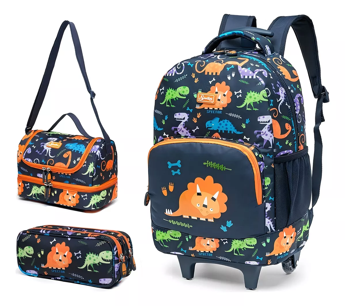 Mochila De Rodinhas C/ Lancheira Estojo Infantil Escolar Cor Azul/verde Dino