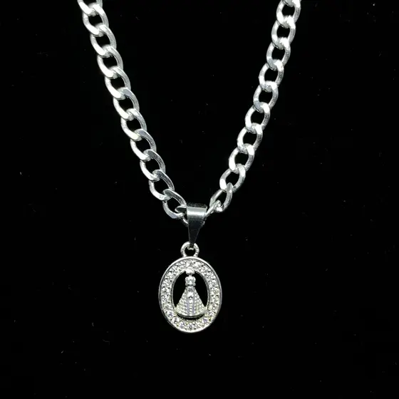 Corrente de Prata 925 Grumet Escama de Peixe 3mm Colar 70cm + Pingente Mini Nossa Senhora Original Legitima - Look Joias