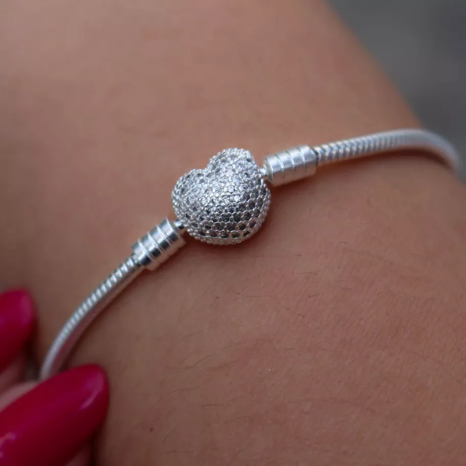 Pulseira De Berloques Prata925 Coração Cravejado C/ Garantia