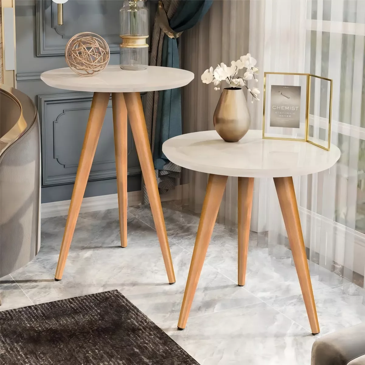 Duas Mesinhas Laterais Sofa Sala Madeira Canto Maravilhosas Cor Off white MDF House Store