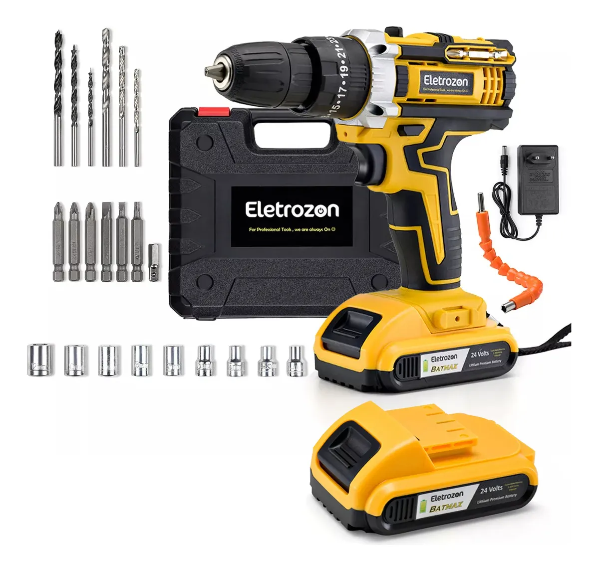 Epsilon Eps-6996 Parafusadeira Furadeira De Impacto Profissional Com Luz 2 Baterias 24v Com Maleta Acessórios 110v/220v